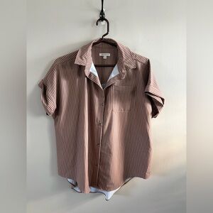 Albion Short Sleeve Button Up Blouse Brown Tan Stripes Lightweight Loose Fit Sm